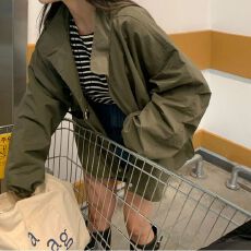 批发春夏韩国chic简约复古半高领宽松休闲百搭抽褶设计长袖<b class='q'>风衣外套</b>女