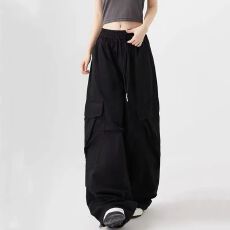 批发薄款美式ins黑色工装<b class='q'>裤</b>男女抽绳设计感休闲<b class='q'>裤</b>宽松阔腿<b class='q'>裤</b><b class='q'>爵士舞</b><b class='q'>裤</b>