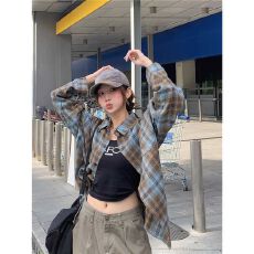 批发美式复古格子长袖衬衫女春秋新款慵懒风宽松中长款<b class='q'>情侣</b><b class='q'>盐</b>系开衫潮