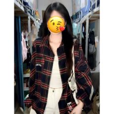 批发美式复古街头酒红色<b class='q'>格子</b><b class='q'>衬衫女</b>春秋新款小众设计感宽松衬衣外套潮