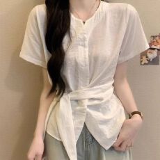 批发短袖衬衫女2026年夏季新款爆款法式开衫V领小收腰不规则绑带上衣
