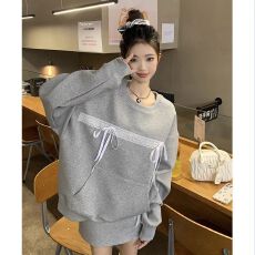 批发原版做工】蝴蝶结蕾丝拼接灰色<b class='q'>卫衣</b>女秋设计感韩系宽松慵懒风上衣