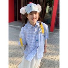 批发蓝色<b class='q'>格子</b>短袖<b class='q'>衬衫</b>女夏季2026新款宽松休闲美式趣味纽扣薄款<b class='q'>衬衣</b>潮