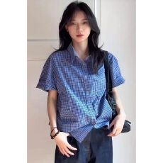 批发美式vintage蓝色<b class='q'>格子</b>短袖<b class='q'>衬衫</b>女夏季宽松高级感气质复古百搭<b class='q'>衬衣</b>