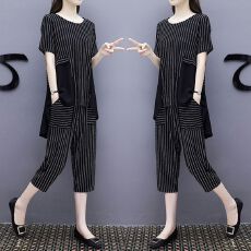 批发200克直贡呢】200斤运动套装女夏季<b class='q'>大码</b>宽松短袖七分裤休闲两件套