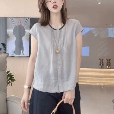 批发圆领拼色短袖衬衫女2026夏季新款气质休闲时尚百搭减龄小衫上衣潮