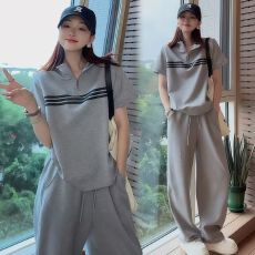 批发6535鱼鳞棉】休闲<b class='q'>运动服</b>套装女夏季新款立领<b class='q'>短袖</b>上衣阔腿裤两件套