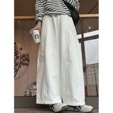 批发日系清新风格夏季新款高腰宽松显瘦白色弯刀九分阔腿女工装<b class='q'>裤</b>适合