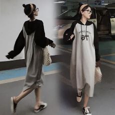 批发仿棉华棉复合<b class='q'>牛奶</b><b class='q'>丝</b>290克】秋季宽松肥胖大码长款连帽插色<b class='q'>连衣裙</b>