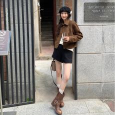 批发咖色麂皮绒外套女<b class='q'>春</b>秋装美拉德穿搭巨好看小个子短款正肩夹克上衣