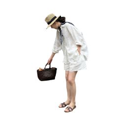 批发老钱风女装2026新款亚麻年轻款<b class='q'>棉麻</b>上衣白色衬衫搭阔腿短<b class='q'>裤</b>两件套