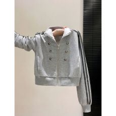 批发复古立领三条杠长袖卫衣外套女秋季新款***装饰拉链<b class='q'>夹克</b>衫短上衣
