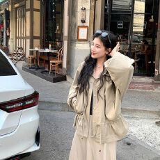 批发2026秋季新款韩版宽松抽绳褶皱收腰显瘦风衣外套女休闲立领外套女
