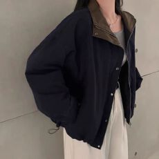 批发韩国chic秋季新款复古撞色翻领抽绳拉链宽松休闲长袖夹克短外套女
