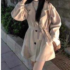 批发新款韩版秋冬装绑带气质小个子西装领赫本风中长款毛呢女大衣外套