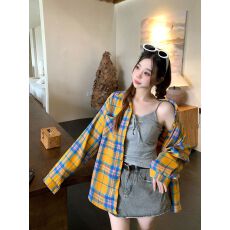 批发2026黄色<b class='q'>格子</b>长袖<b class='q'>衬衫女</b>外搭薄款宽松ins潮牌美式复古小众小外套