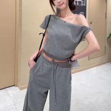 批发2026年休闲套装扭结斜肩T恤女夏季抽绳高腰直筒裤长裤慵懒两件套