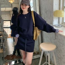 批发休闲套装设计感格子拼接长袖卫衣女春秋高腰包臀半身裙短裙两件套