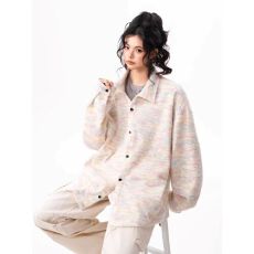 批发彩色<b class='q'>长袖</b><b class='q'>衬衫</b>女秋季小众设计感翻领<b class='q'>衬衣</b>美式复古<b class='q'>情侣</b><b class='q'>针织</b>开衫外套