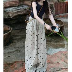 批发设计感波点松紧腰阔腿休闲裤女<b class='q'>夏</b>2025新款百搭苎麻休闲直筒长裤字