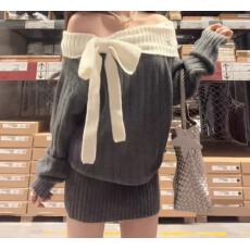 批发新款纯欲风性感辣妹一字领荷叶边针织衫露背<b class='q'>连衣裙</b>短裙女
