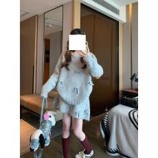 圣诞跨年氛围感立体蝴蝶结圆领红色毛衣女冬季针织半身短裙两件套