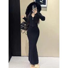 批发法式气质名媛连帽拉链针织衫毛衣外套半身裙两件套女冬季时尚<b class='q'>套装</b>