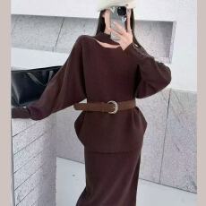 批发高级感气质针织两件套腰带连衣裙百搭显瘦配腰带女秋冬打底裙子潮