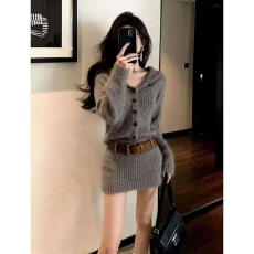 批发新款韩系针织包臀连衣裙子秋<b class='q'>冬</b>季小个子气质收腰毛衣短裙