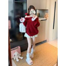 法式复古纯欲风钉珠一字肩圣诞新年款套头毛衣女秋冬厚针织衫上衣