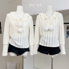 批发娃娃领白色打底衫女秋冬新款甜美<b class='q'>可爱</b>高级感软糯慵懒内搭针织上衣