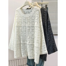 批发日系高端<b class='q'>外贸出口</b>长袖针织衫女大码宽松百搭圆领罩衫勾花镂空T恤