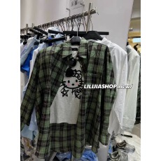 批发韩国东大门夏季新款撞色时髦绿色格子长袖<b class='q'>衬衫</b>外套女<b class='q'>宽松</b>显瘦上衣