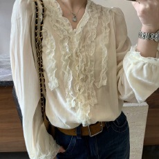 批发靠谱遇见ML【塞纳假日】100棉法式<b class='q'>宽松</b>花边领白色长袖<b class='q'>衬衫</b>女秋