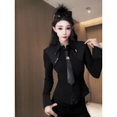 批发假两件拼接西装领打底衫t恤<b class='q'>女</b>秋冬季设计感小众修身显瘦内搭上衣1