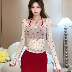 批发性感纯欲辣妹长袖T恤女网纱<b class='q'>罩衫</b>秋季新款修身挂脖上衣