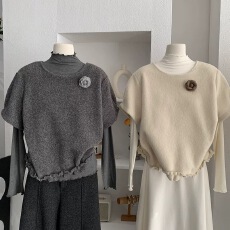 批发韩系穿搭套装女秋冬气质灰色立体<b class='q'>花朵</b>短袖木耳边马甲打底衫两件套