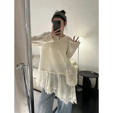 批发韩版中长款不规则假两件蕾丝拼接长袖T恤女修身显瘦打底衫<b class='q'>上衣</b>潮