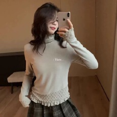 批发十三行2025冬季新款韩版蕾丝拼接高领长袖<b class='q'>T</b><b class='q'>恤</b>女百搭磨毛打底衫