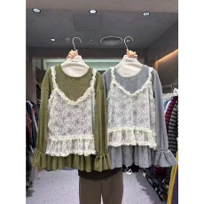 批发2026秋冬新款韩版时尚气质纯色长袖<b class='q'>T</b><b class='q'>恤</b>+蕾丝吊带二件套女宽松百搭