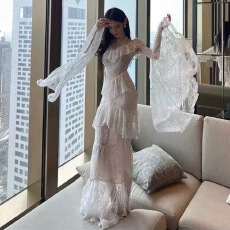 批发ChiclyNana  <b class='q'>欧美</b>风重工连衣裙生日宴会礼服裙立领刺绣荷叶边长裙