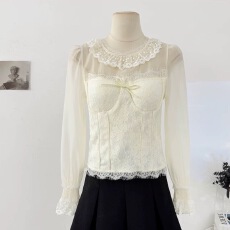 批发维斯小姐[挚爱唯美]复古网纱蕾丝拼接内搭衬衫 重工精致<b class='q'>收腰</b>衬衣