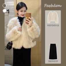 批发毛毛<b class='q'>外套</b>时尚大衣仿狐狸环保<b class='q'>皮草</b>短款气质小个子半身裙一整套秋冬
