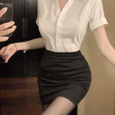 批发性感V领修身显瘦白色纯欲衬衫女夏短袖衬衣<b class='q'>职业</b>套装工作服OL制服