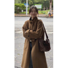 批发秋冬款百搭流行棕色毛呢外套大衣超好看百搭<b class='q'>中长款</b>单排扣长袖上衣