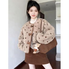 批发羊羔毛外套女冬季宽松皮毛一体波点保暖流行款超好看外套女生上衣