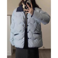 批发单排扣设计感宽松百搭高级感蓝色波纹开衫款蓝色娃娃领超好看上衣