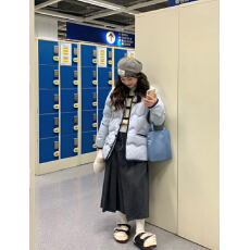 批发蓝色羽绒服棉服保暖超好看宽松型外套常规款高级感韩系单排扣上衣