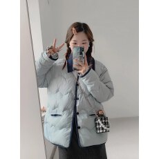 批发蓝色简约时髦设计保暖棉服外套女慵懒风新款休闲范加厚单排扣外套