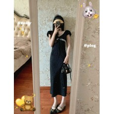 批发2026新款高级感收腰小飞<b class='q'>袖</b>蕾丝波点设计感简约女夏装鱼尾包臀长裙